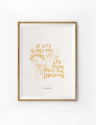  Inspirational "If life gives you lemons, let Jesus make the lemonade" poster in a wooden frame, featuring cheerful yellow hand-drawn lemons and a glass of lemonade, reflecting simple happiness and Christian encouragement.