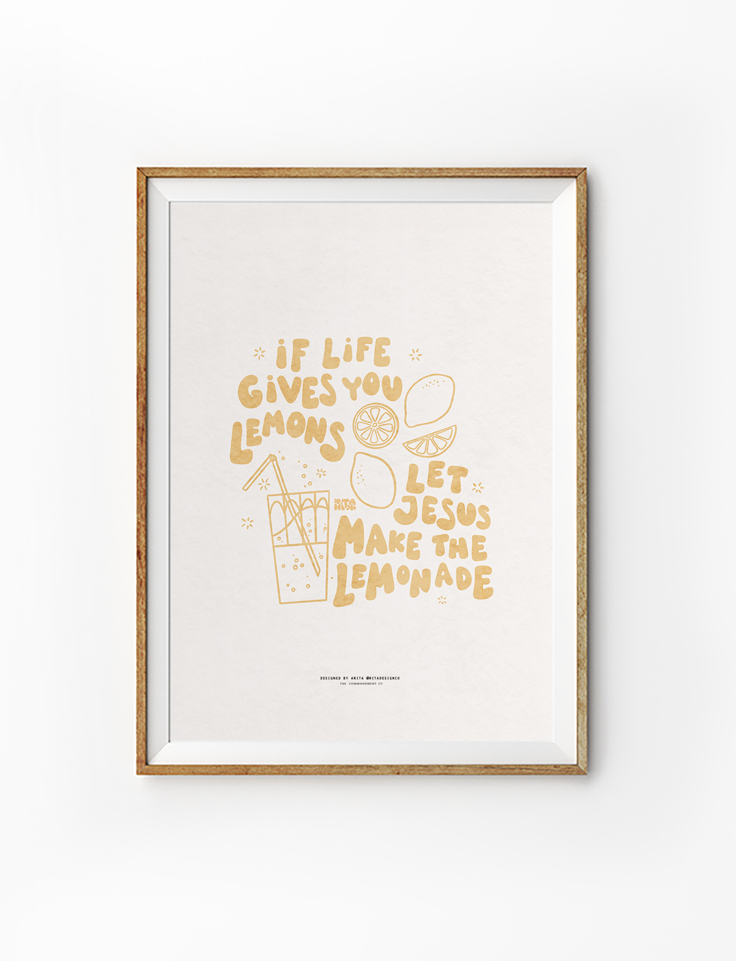  Inspirational "If life gives you lemons, let Jesus make the lemonade" poster in a wooden frame, featuring cheerful yellow hand-drawn lemons and a glass of lemonade, reflecting simple happiness and Christian encouragement.