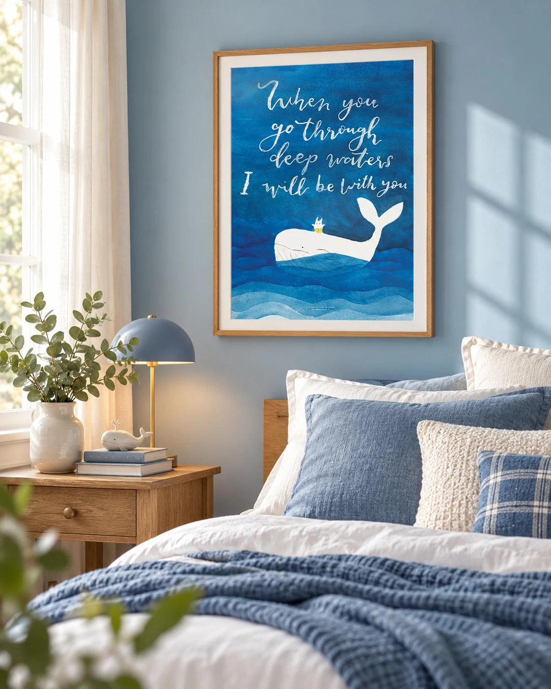 When You Go Through Deep Waters Christian whale poster in a blue bedroom