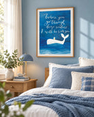When You Go Through Deep Waters Christian whale poster in a blue bedroom