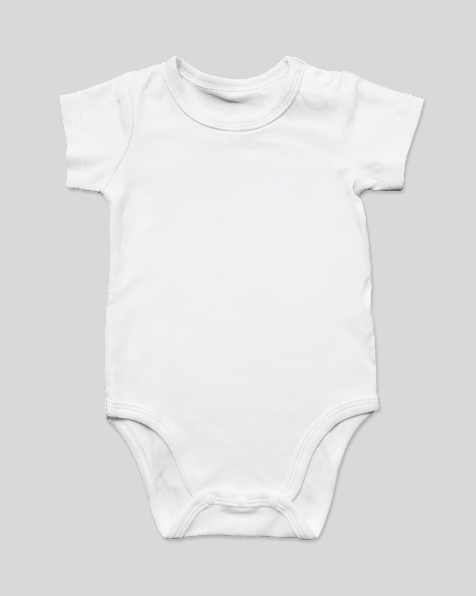 White cotton baby romper product mockup in 6–9 months size