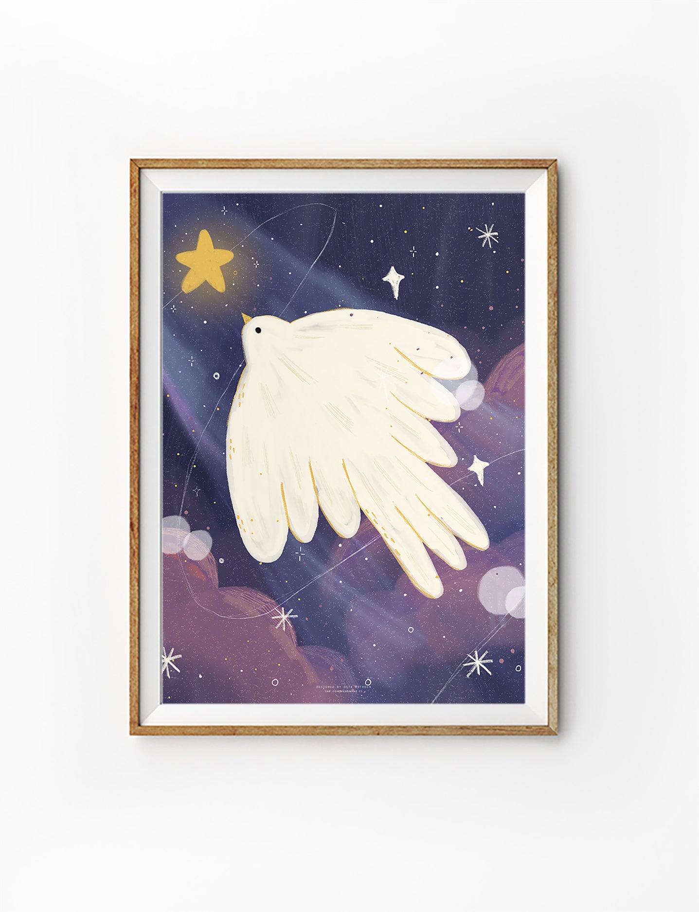Christian art poster featuring a white bird flying through a purple night sky with stars, dreamy faith-inspired wall art.
