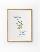 Inspirational Christian poster in a wooden frame with the words "grass withers and the flower fall, but the Word of God lasts forever," featuring simple blue flowers and green grass, reflecting faith and simple happiness.