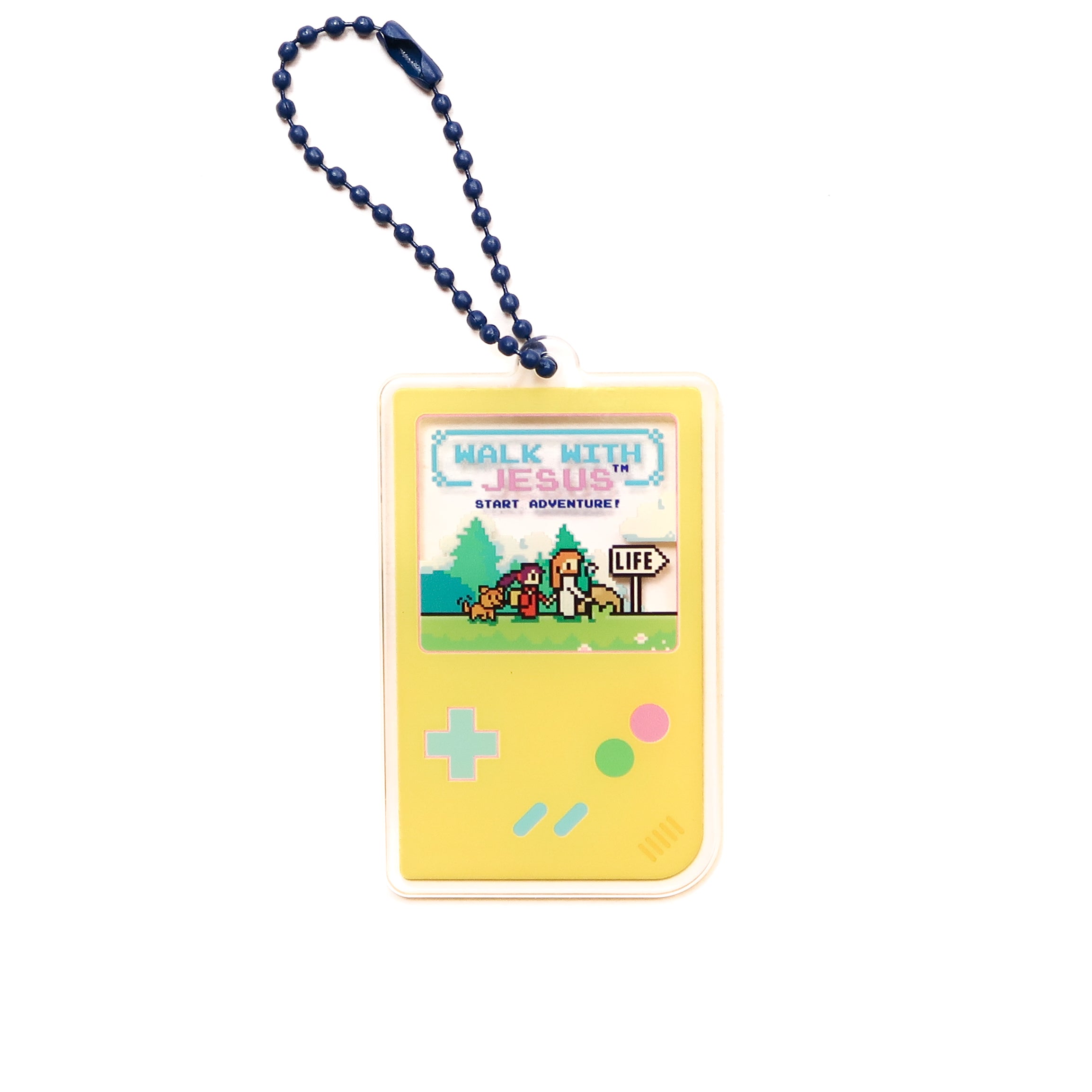 Acrylic game-console keychain with retro pixel-art display showing “Walk with Jesus” and “Start Adventure,” 6.53 cm x 3.95 cm, attached to a blue bead chain — a faith-inspired Christian gift.