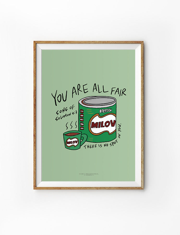 Modern framed art featuring Song of Solomon 4:7 verse 'You are all fair' and artistic depiction of a Milo can