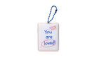 Back view of Jotter Book acrylic keychain featuring handwritten “You are loved!” reminder