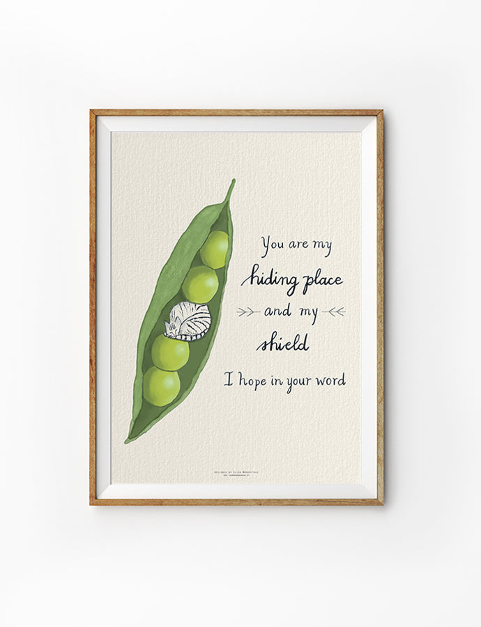 Christian poster featuring “You are my hiding place and my shield, I hope in your word” with pea pod illustration