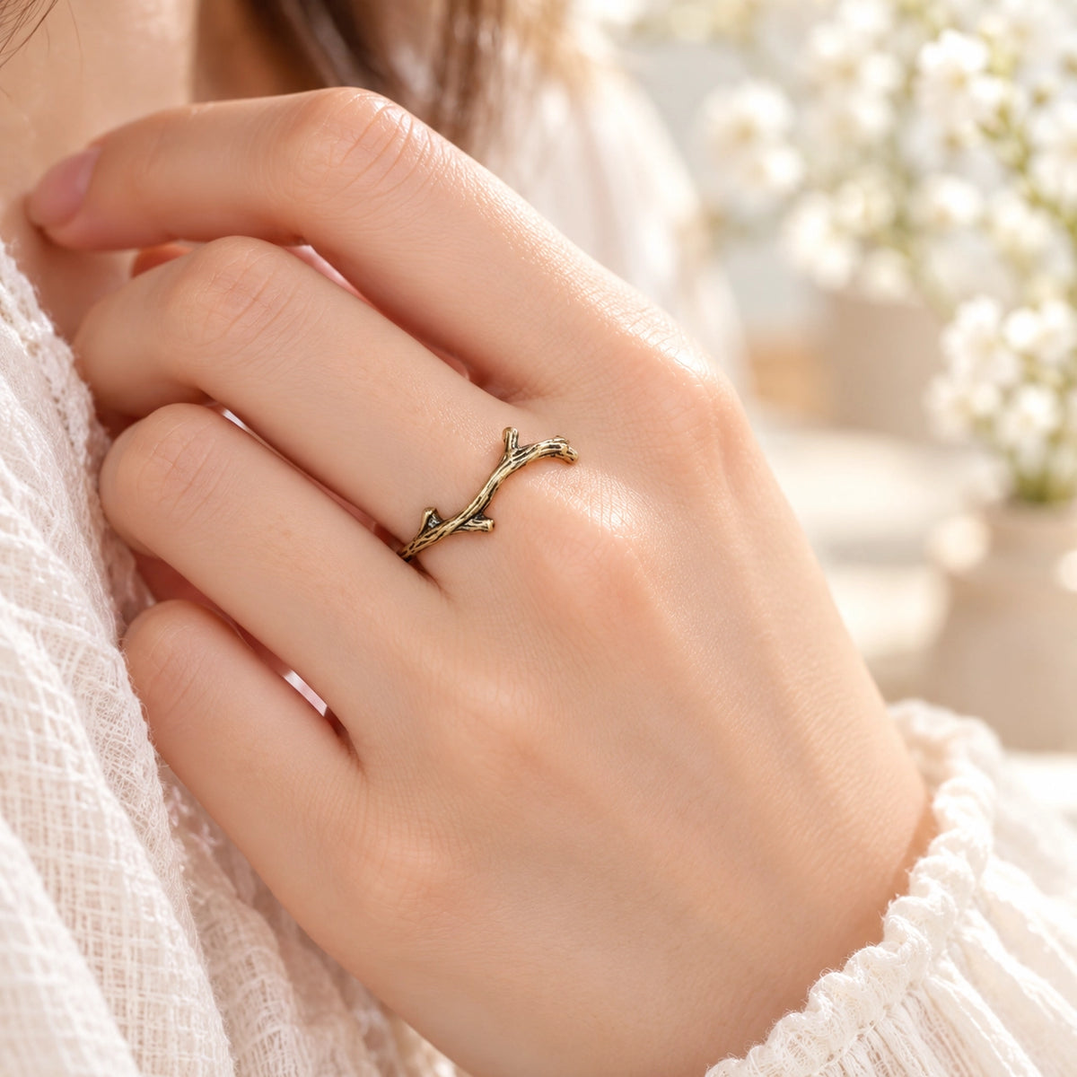 You Are The Branches bronze Christian branch ring worn on hand in warm natural light