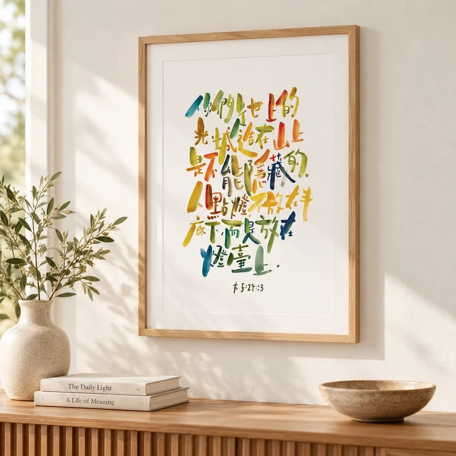 Colourful Chinese brush-calligraphy You Are the Light of the World poster framed above a wooden cabinet