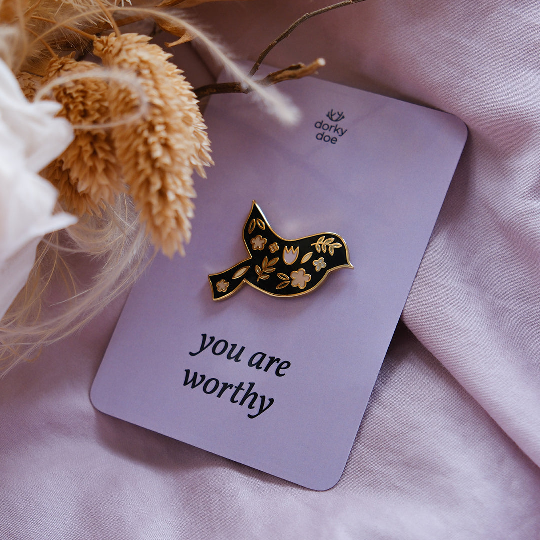 You Are Worthy Christian enamel pin by Dorky Doe, lifestyle view 3.