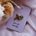 You Are Worthy Christian enamel pin by Dorky Doe, lifestyle view 3.