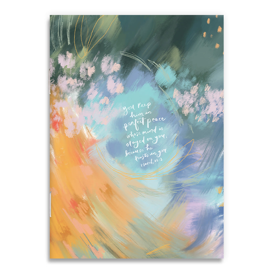 Front cover of an A6 notebook with an abstract watercolor design and the phrase 'You keep him in perfect peace whose mind is stayed on you because he trusts in you' from Isaiah 26:3