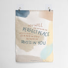 Christian wall art featuring the Bible verse 'You Will Keep Him in Perfect Peace' from Isaiah 26:3, with a soft abstract design and calming colors