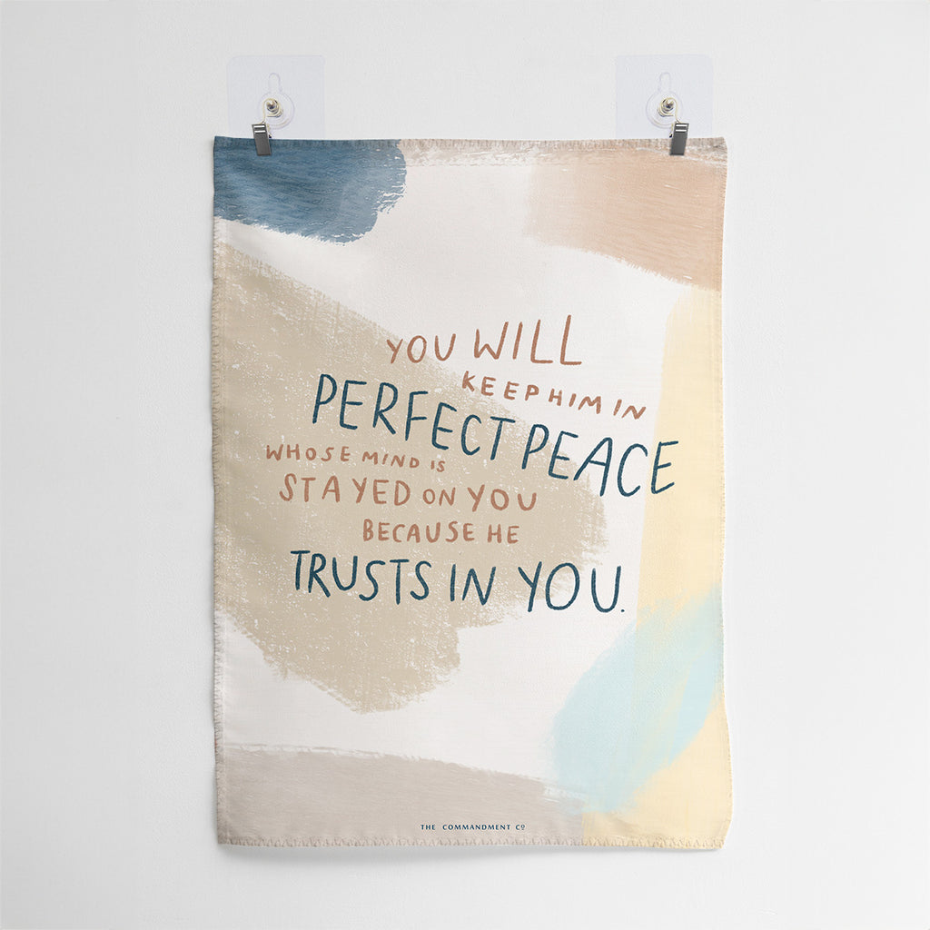 Christian wall art featuring the Bible verse 'You Will Keep Him in Perfect Peace' from Isaiah 26:3, with a soft abstract design and calming colors