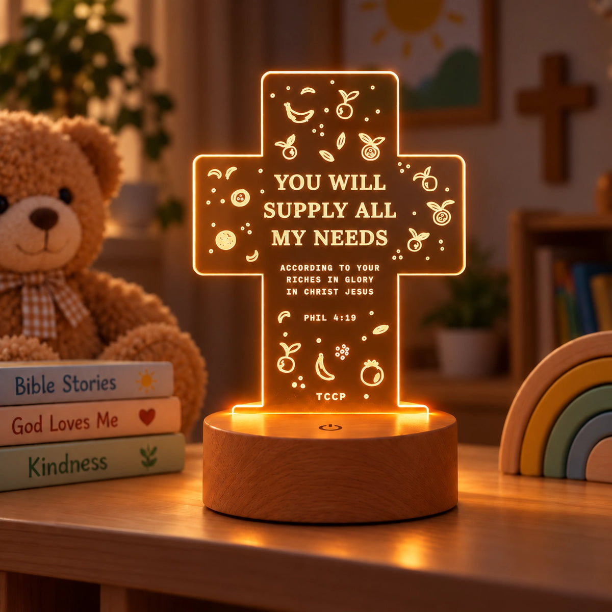 You Will Supply All Our Needs Christian night light glowing in a warm nursery setting.