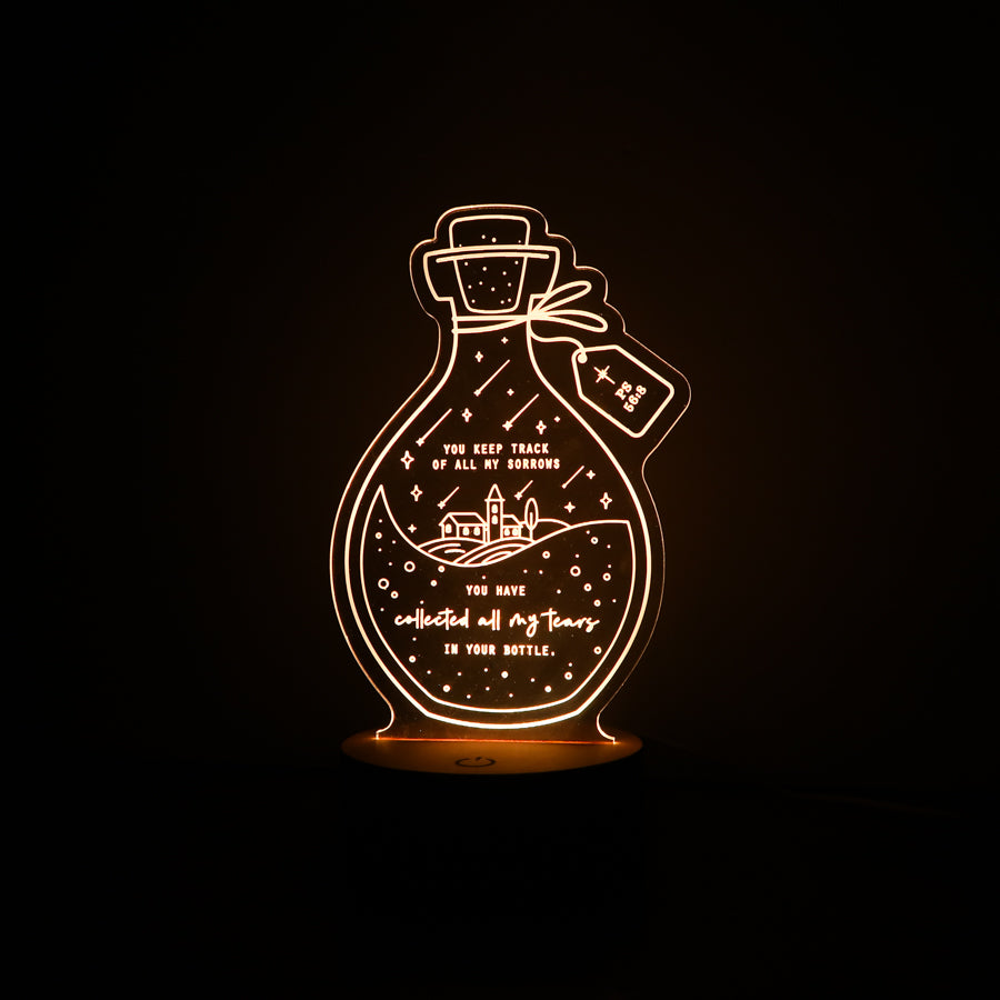 Christian night light shaped like a bottle engraved with ‘You Have Collected All My Tears in Your Bottle’ from Psalm 56:8 – comforting LED lamp from The Commandment Co
