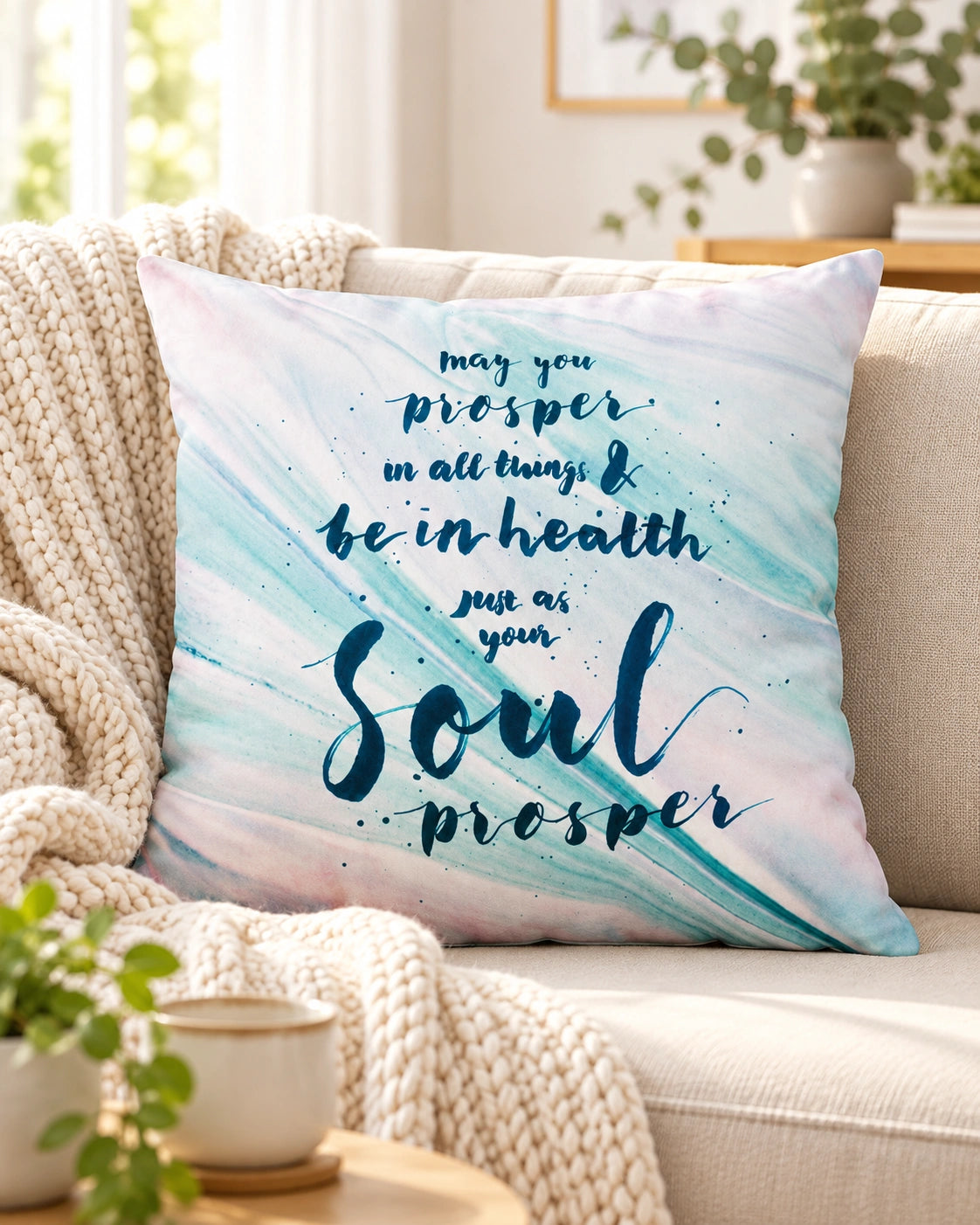 Your Soul Prospers cushion cover styled on a cream sofa in a bright sunlit living room