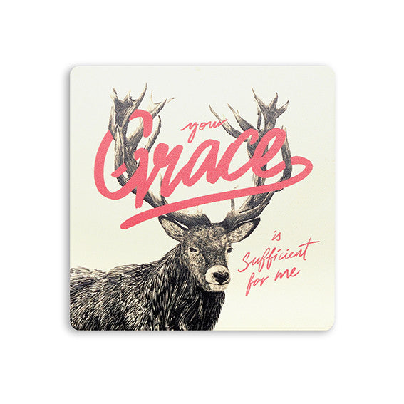 10cmx10cm wooden coaster with a deer printed and the encouragement bible quote "your Grace is sufficient for me".