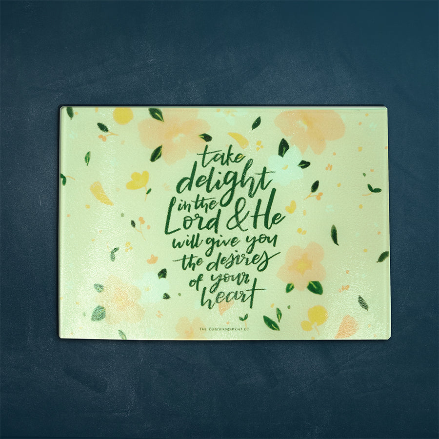Inspirational cutting board featuring bible verses. Great collectible for kitchen accessories. Multipurpose and can be used as cheese board and presentation platter. ‘Take delight in the Lord and he will give you the desires of your heart’