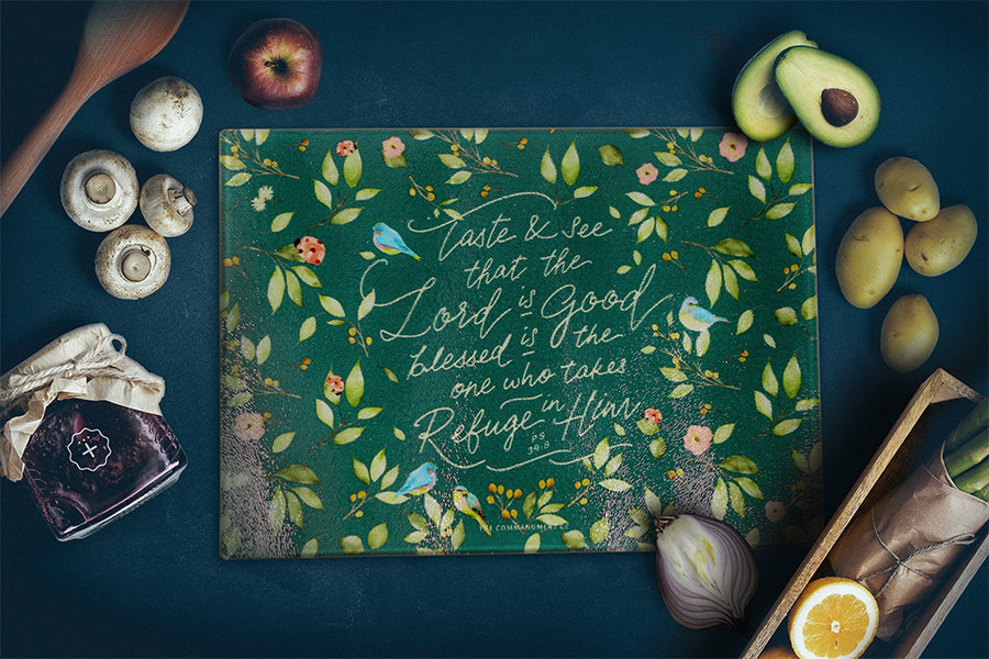 Cutting board with inspirational messages will remind us to be grateful for the feast laid before us. Great motivational cutting board.