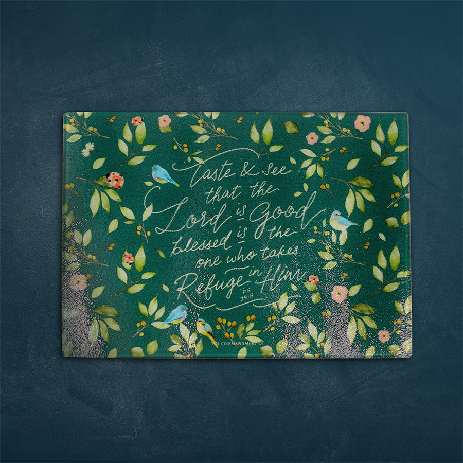 Inspirational cutting board featuring bible verses. Great collectible for kitchen accessories. Multipurpose and can be used as cheese board and presentation platter. ‘Taste and see that the Lord is good’.