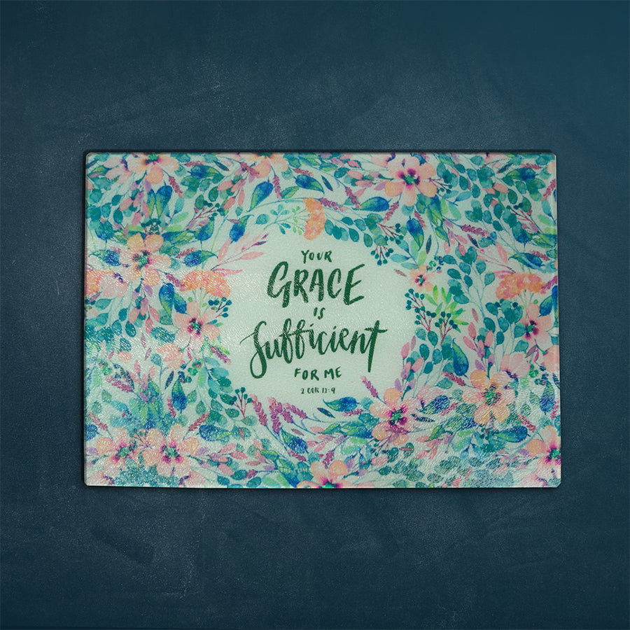Inspirational cutting board featuring bible verses. Great collectible for kitchen accessories. Multipurpose and can be used as cheese board and presentation platter. ‘Your grace is sufficient for me’.