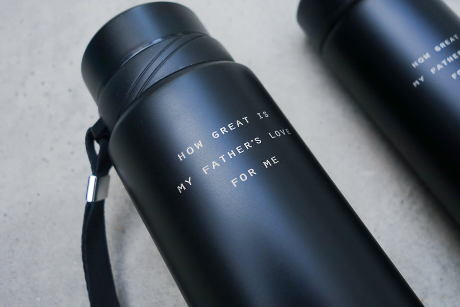 Close up of engraving on water bottle.