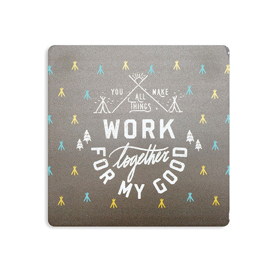 10cmx10cm blue wooden coaster with mountain designs and encouragement bible verse “You make all things work together for my good”.