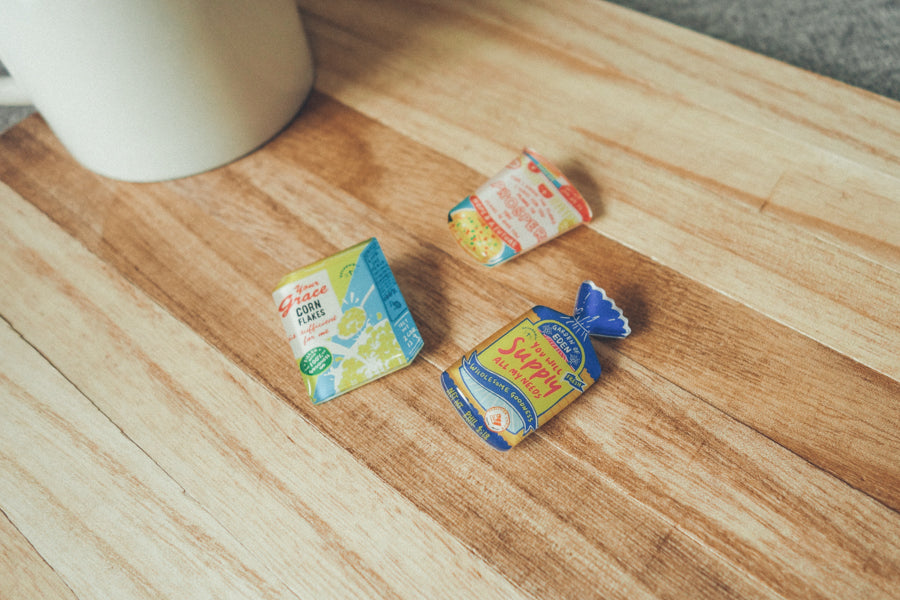 Acrylic pins supermarket series- breakfast set pins. Corn flakes, cup noodles and whole loaf bread. Motivational pins.