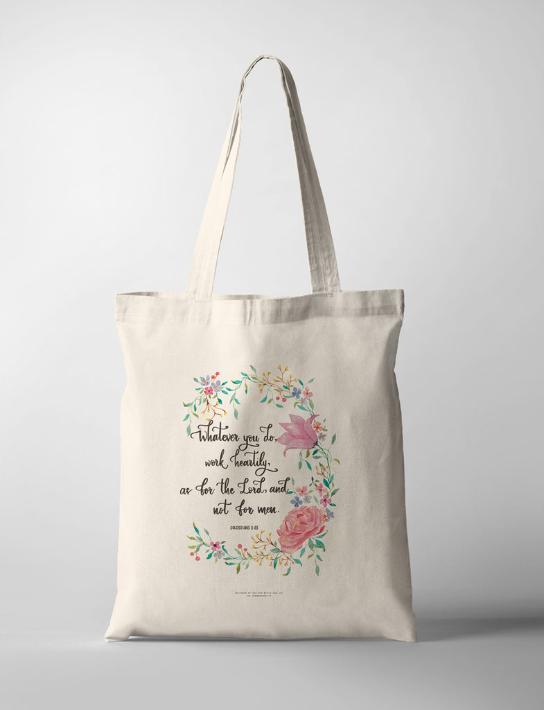 Whatever you do, work heartily bible verse tote bag design