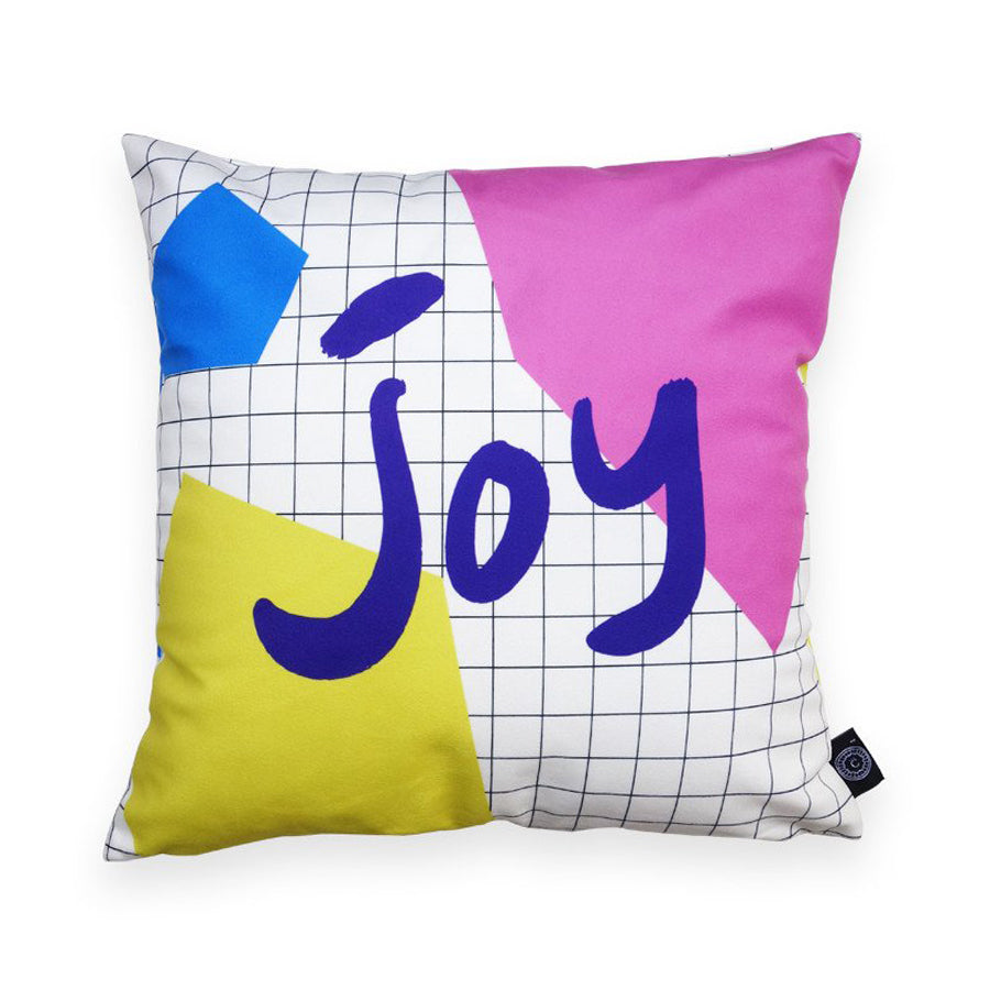 Premium 45cmx45cm pillow cover made of thick super soft velvet,  white with grid and abstract designs. With hidden zip feature. Features verse ‘Joy’.