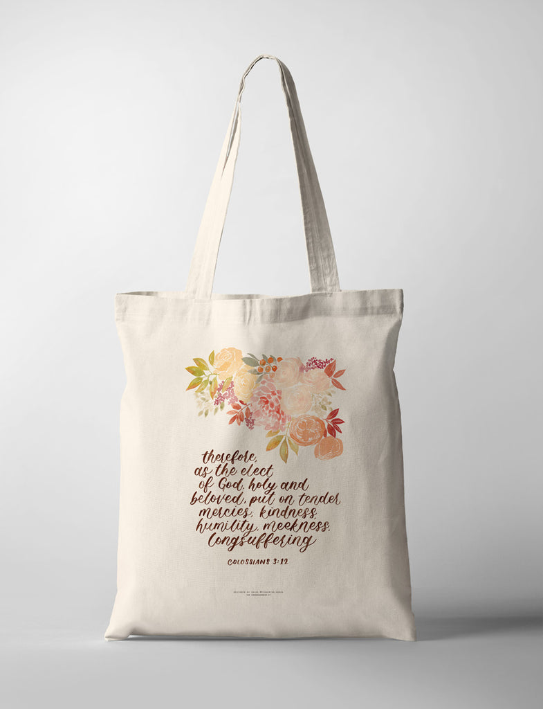 tote bag with bible verse in calligraph style together with floral design