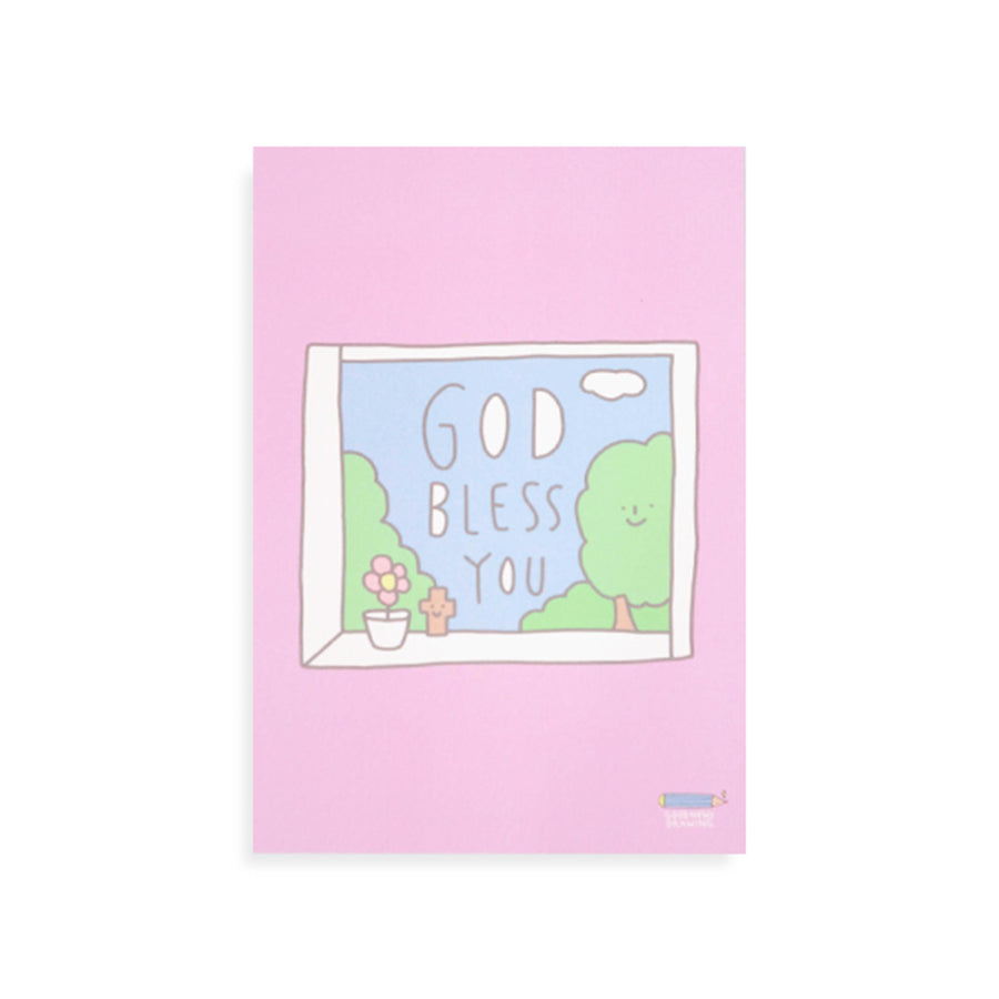 god bless you postcard with window flowers, trees cross christian the commandment co singapore TCCO