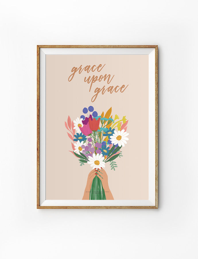 grace upon grace with bouquet of flowers poster design by Branches and Strokes