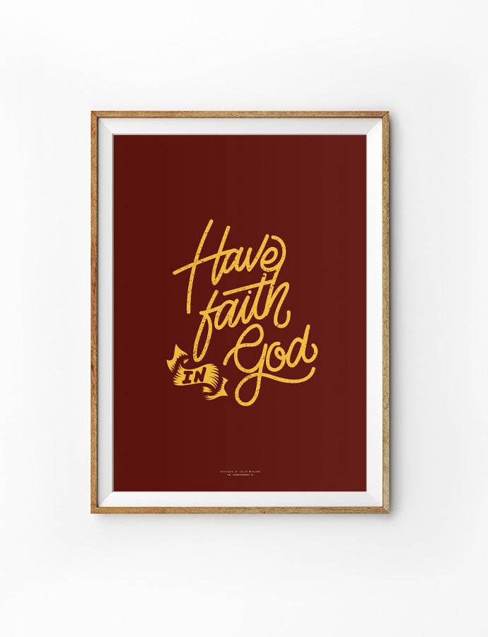 yellow text have faith in God with dark brown background color poster design