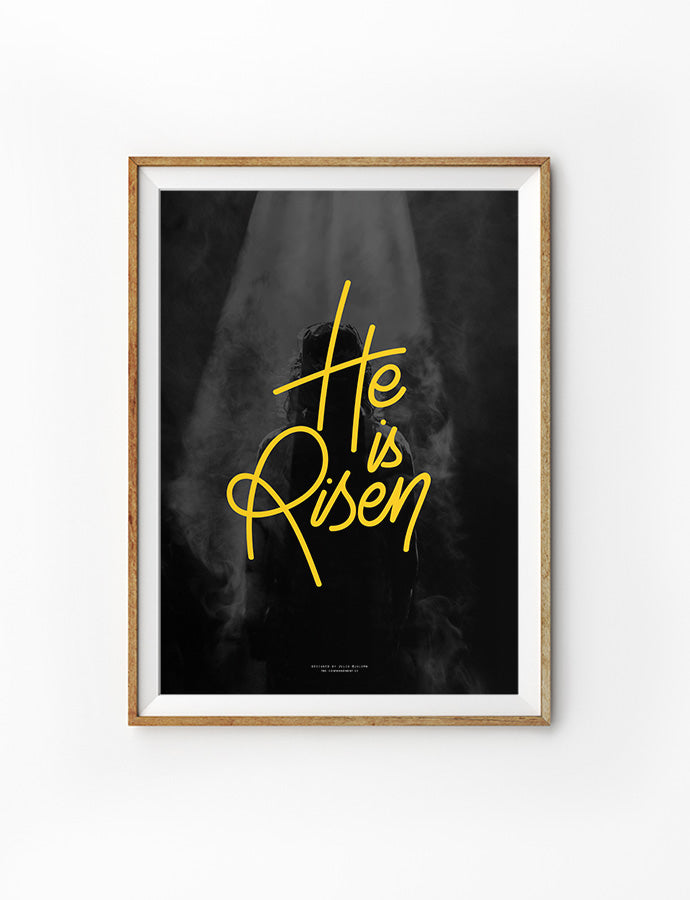 He is risen bright yellow text with dark background Christian poster design for home wall art