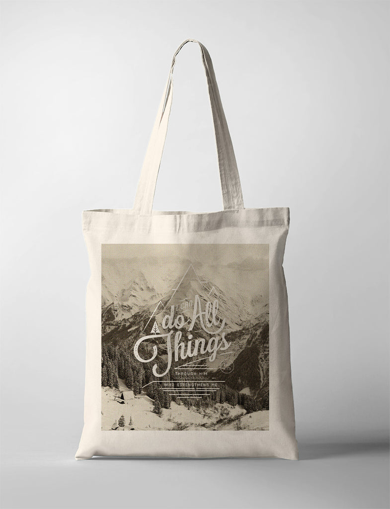 Tote bag design that says "I can do all things through him who strengthens me"