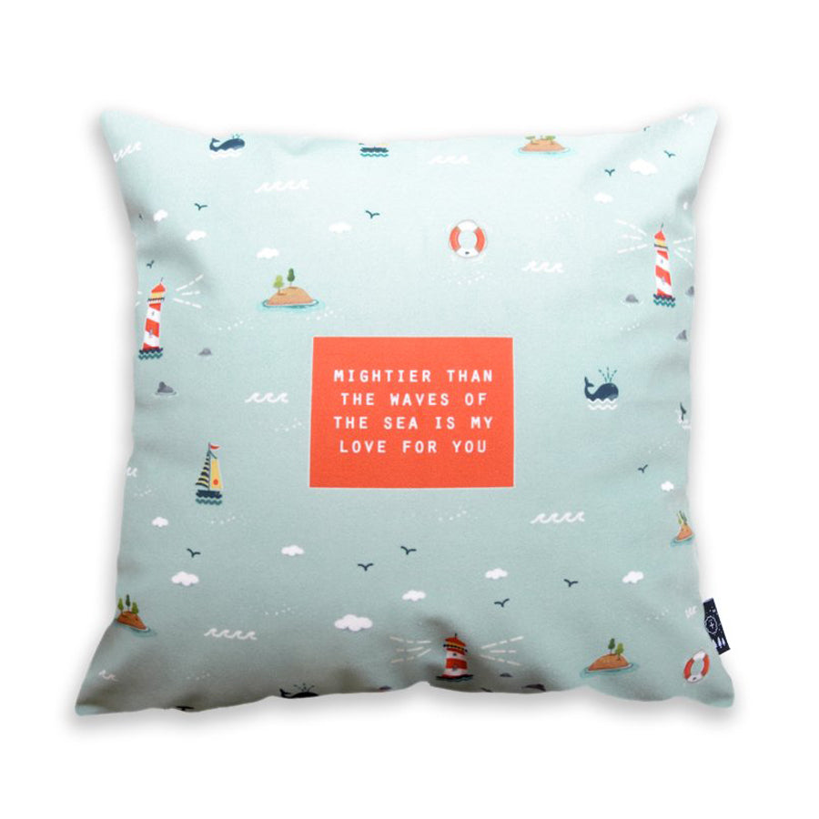 Premium 45cmx45cm pillow cover made of thick super soft velvet,  light teal with sea designs. With hidden zip feature. Features verse ‘Mightier than the waves and the sea is my love for you’. 