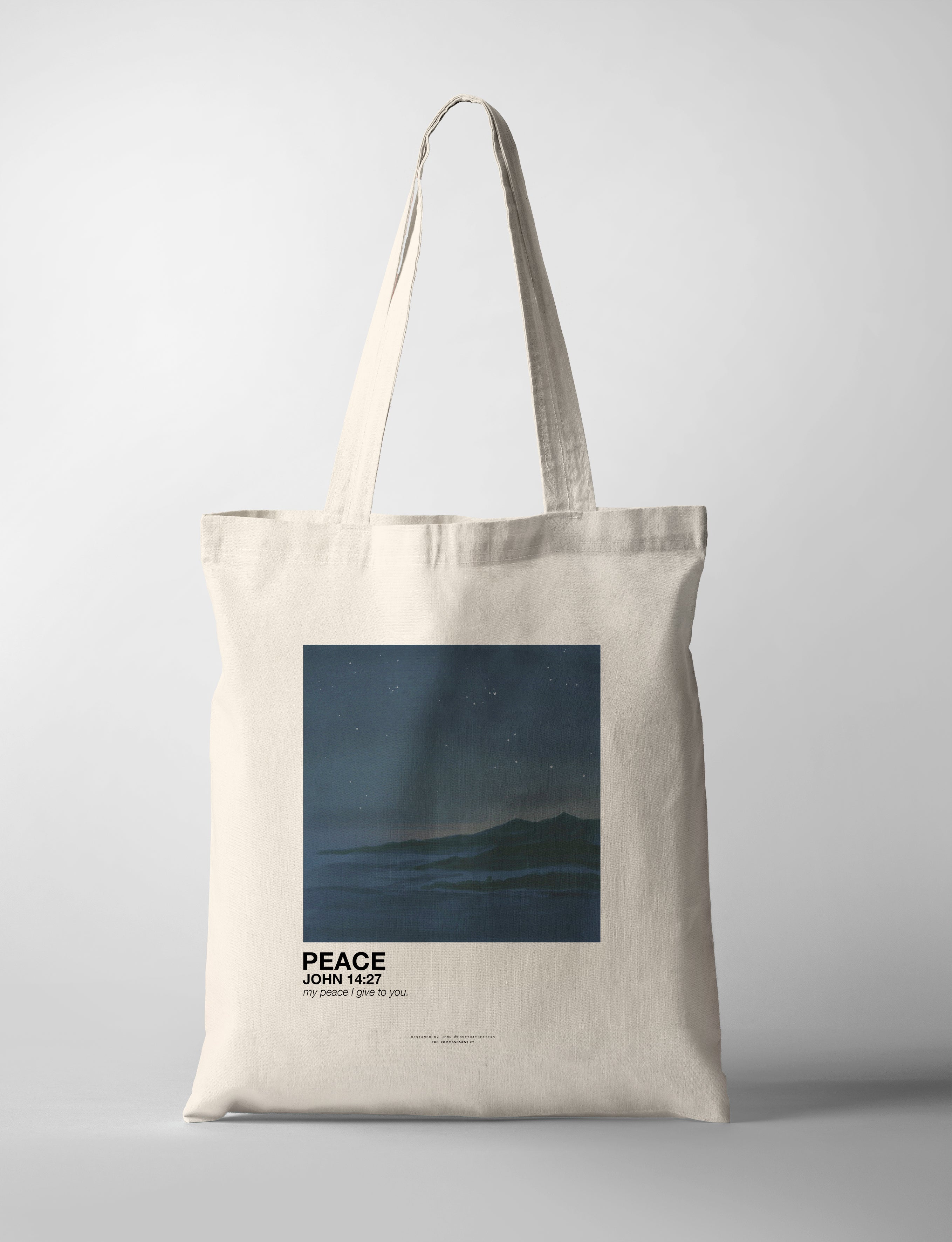 tote bag with starry night landscape together with bible verse John 14:27 peace design by jenn @lovethatletters