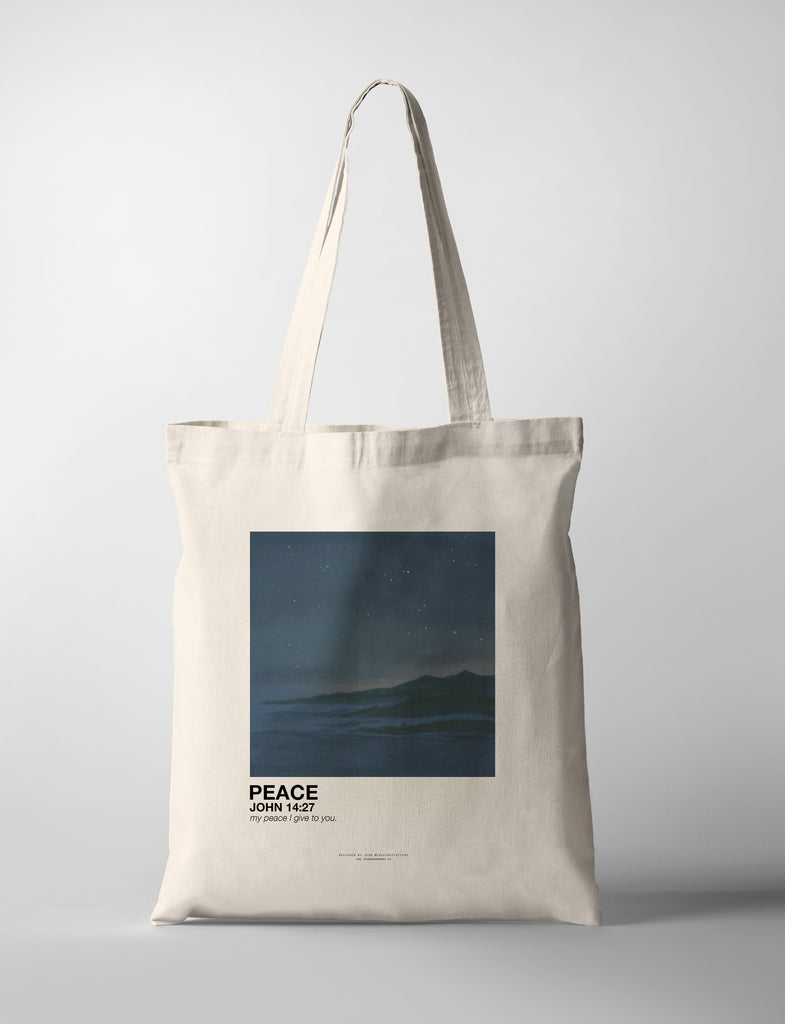 tote bag with starry night landscape together with bible verse John 14:27 peace design by jenn @lovethatletters