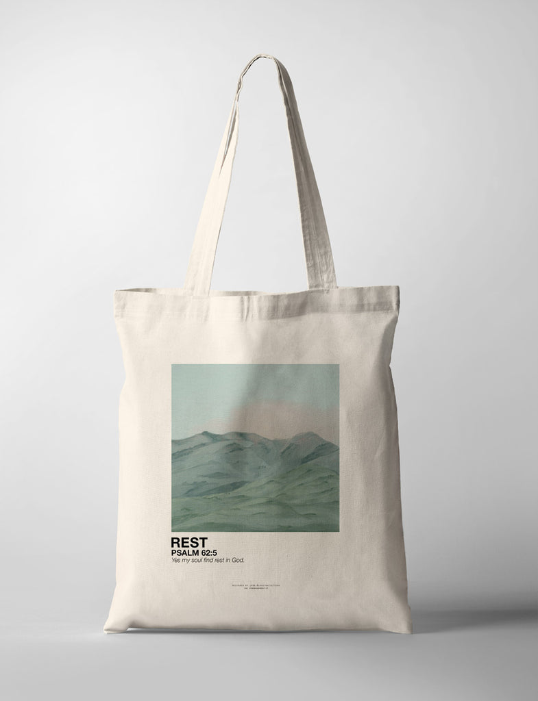 tote bag with landscape and spiritual texts