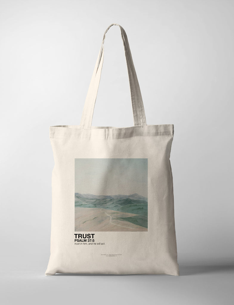 tote bag design that includes nice scenery and inspired wordings