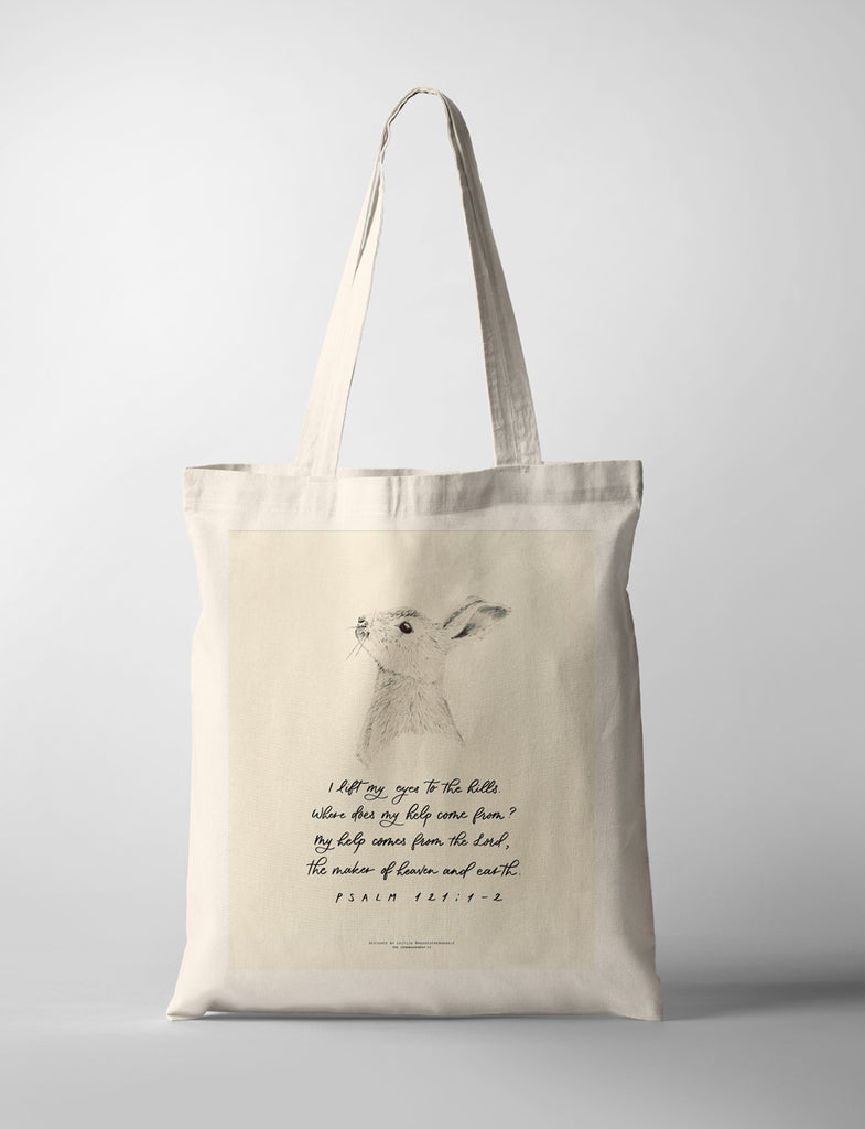 My help comes from the Lord, who made heaven and earth bible verse with cute rabbit looking up tote bag design