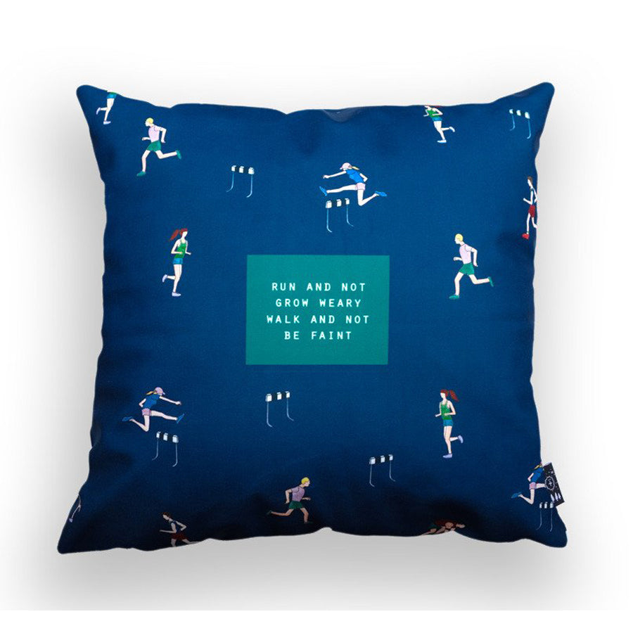 Premium 45cmx45cm pillow cover made of thick super soft velvet,  blue athletes designs. With hidden zip feature. Features verse ‘Run and not grow weary walk and not be faint’. 