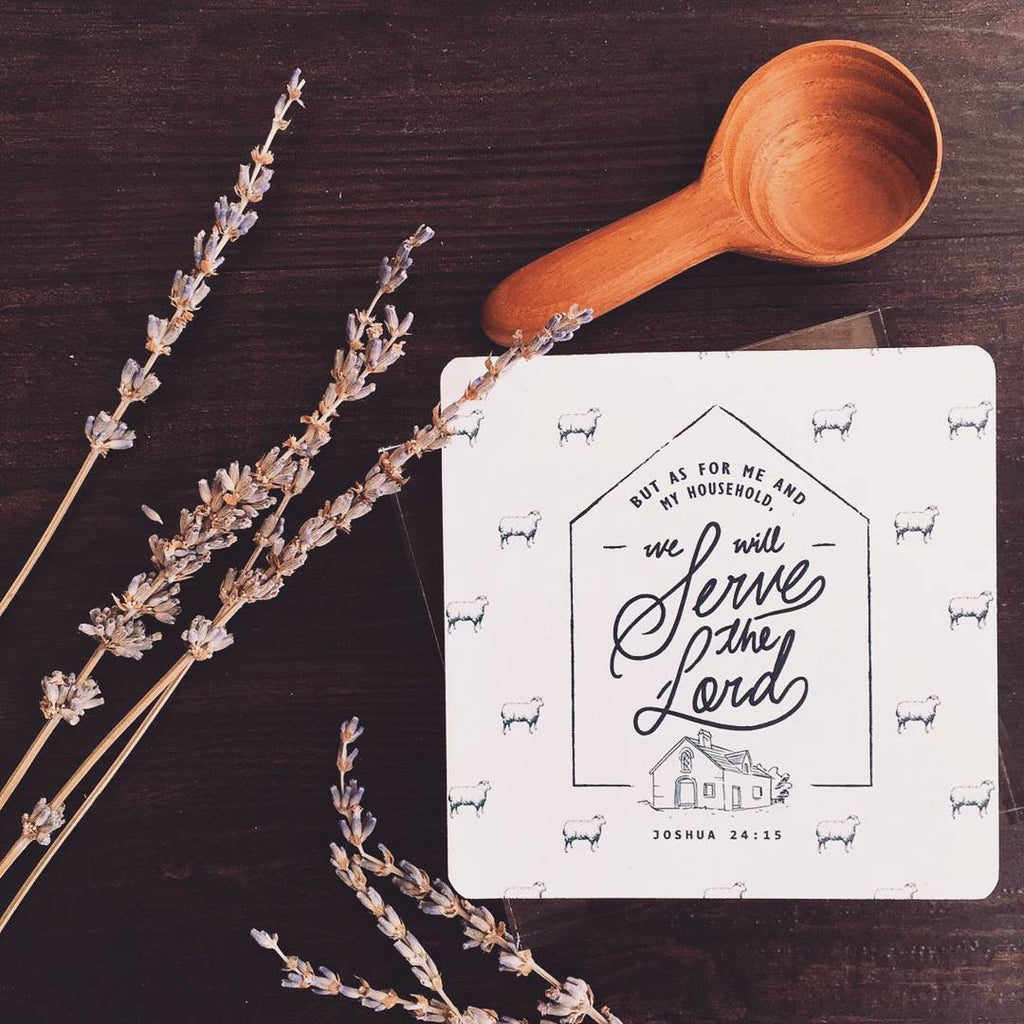 Contemporary white wooden coaster design with inspiring bible verse "But as for me and my household, we will serve the Lord. Joshua 24:15".