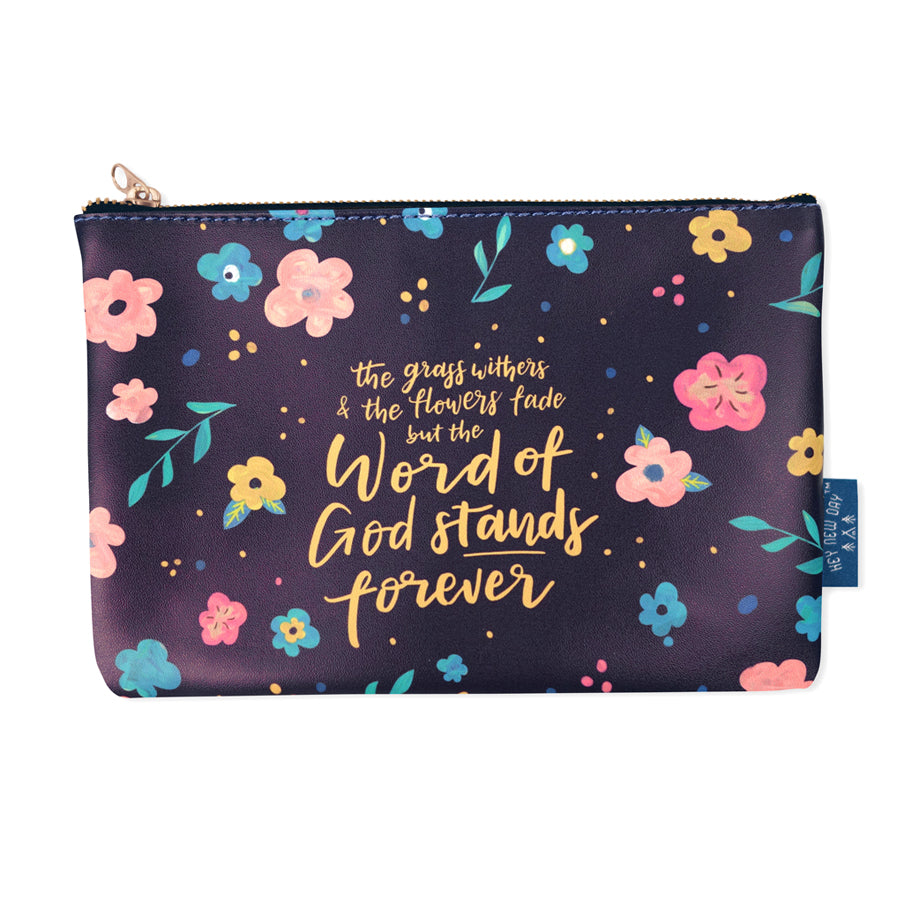 Multipurpose PU Leather pouch in blue with flowers designs on it. Features bible verse ‘The grass withers and flowers fade but the word of the Lord stands forever’ in yellow lettering and is great Christian gift idea. The pouch has inner lining, gold zip. Dimensions: 21cm (W) x 14cm (H)
