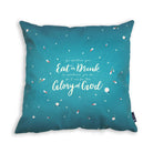 The back of the cushion cover features petals design on light blue background and the verse