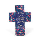 Joshua 24:15 with foliage and flowers printed on pine wood. Wooden cross measurements: 8cm x 11cm.