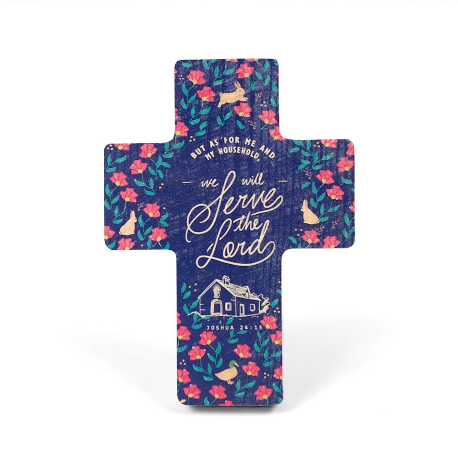 Joshua 24:15 with foliage and flowers printed on pine wood. Wooden cross measurements: 8cm x 11cm.