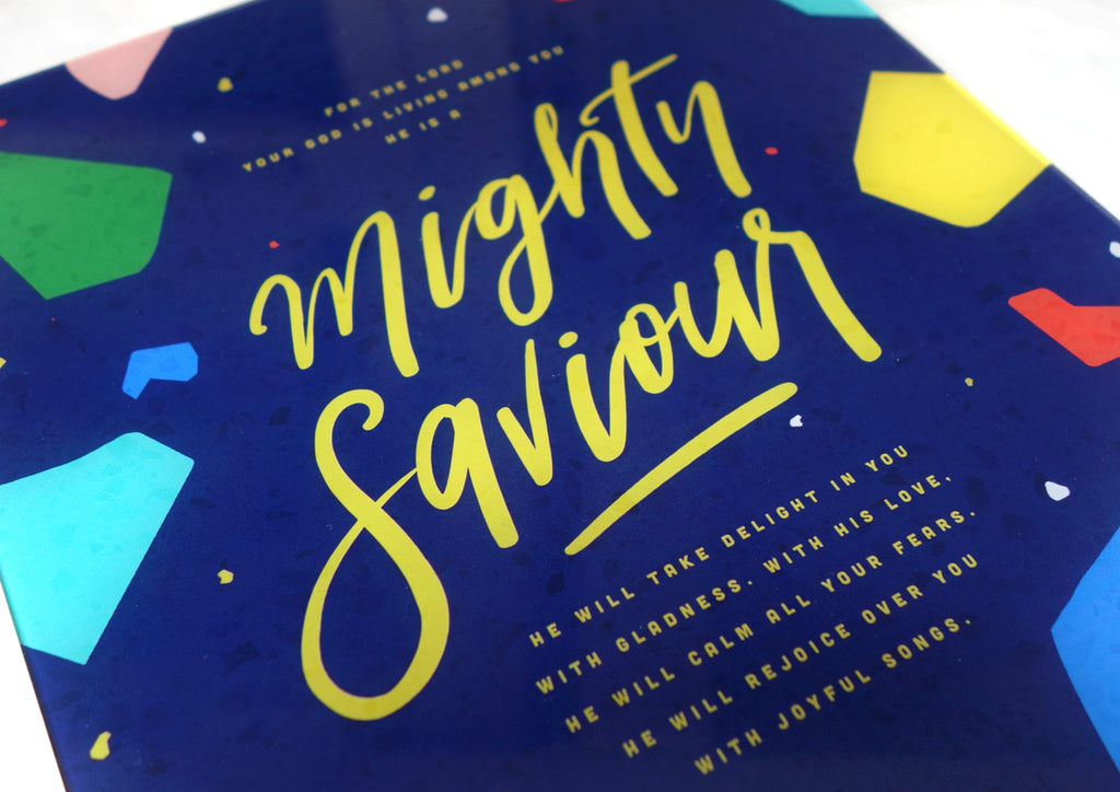 Typography and Calligraphy Words from the Bible in Navy Blue with Colourful Terrazzo Design